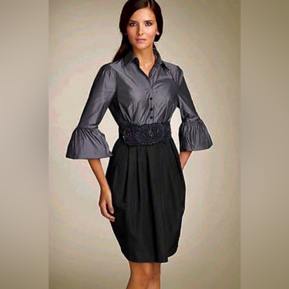 BCBGMAXAZRIA GREY CONTRAST TAFFETA DRESS